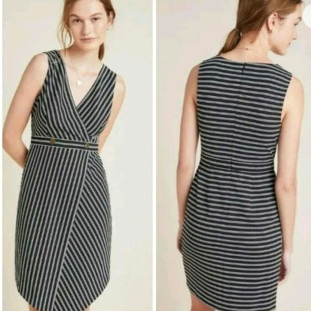 Hutch Striped Faux Wrap V Neck Dress Sleeveless Black White Anthropologie S